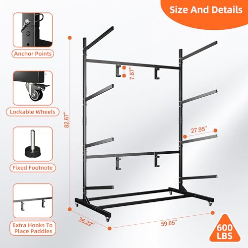 METAN Upgraded Wide Metal Kayak Storage Rack 4 Levels,59’’Wide Freestanding Heavy Duty Adjustable Kayak Stand Indoor Outdoor Storage Rack Garage with Wheels,Black,Assembly Required