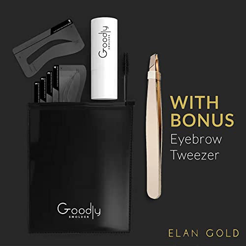 Goodly By Elan Gold Eyebrow Stamp Stencil Kit W/Bonus Eyebrow Tweezer Included | Perfect For One Step Eyebrow Shaping | Waterproof And Long Lasting Finish, Medium Brown #TOP2