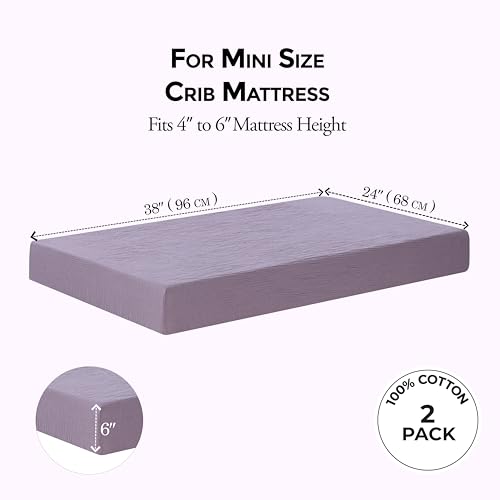 Image of Dreamology Muslin Mini Crib Sheets,Girl,Boy, Soft & Breathable Crib Sheet | 100% Cotton Purple Crib Sheets for Mini Cribs, Pack n Play Sheets,2 Pack, 24x38 Mini Crib Sheet Fitted | Purple,Pink