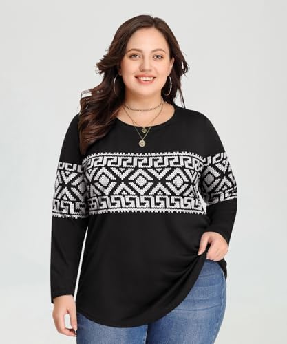 Image of CARCOS Plus Size Tops for Women Color Block Flower /Striped /Camo Crew Neck Long Sleeve Tee Shirt