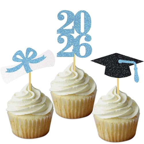 Graduation Cupcake Toppers Grad Party Decoration Food Picks Congrats Glitter Diploma Cap School Colors Supplies 24 PCS Light Blue
