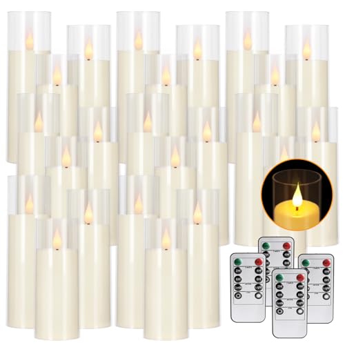 Image of 24-Pack LED Flameless Candles(14 /16 /18cm) with 4 Timers Remote - 3D Flickering Flame, Clear, Perfect Decor for Home & Events.