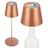 Lampe de table LED RGB à batterie : Cette élégante lampe en bronze diffuse une lumière blanc chaud (2 700K) et des couleurs RGB avec un module LED de 2,5W (200lm), idéale pour créer une ambiance chaleureuse en intérieur ou sur la terrasse