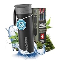 Bachgold Profi Outdoor Wasserfilter Flasche mit 1500L Filterkapazität I entfernt 99,99% aller Bakterien und filtert Viren, Partikel und Schwermetalle I Schwarz