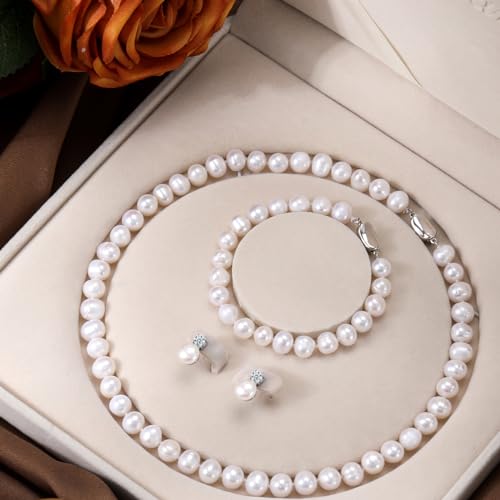 Freshwater Pearl Necklaces Set for Women Includes White Silver Pearl Bracelet and Pearl Diamond Stud Earrings Jewelry Set for Women Men Mother Wife Girlfriend Birthday Wedding Christmas Gifts2