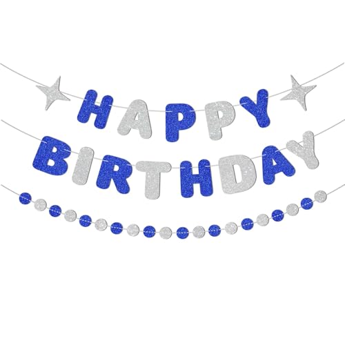 Image of Royal Blue and Silver Happy Birthday Banner-Happy Birthday Decorations for Boys Men,Glitter Garland Sign for 6st 10st 13st 17st Blue Party Decor,Bday Backdrop Supplies