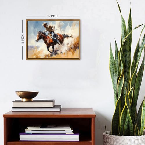 Image of Western Cowboy Wall Art for Living Room Cowboy Riding Horse Canvas Prints Vintage Western Rodeo Wall Decor Horse Rider Picture Rustic Farmhouse Framed Artwork for Bedroom Office Home Decoration 12x16