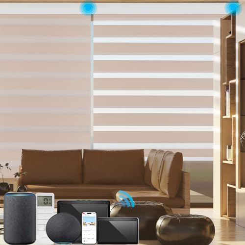 MYshade Custom Smart Zebra Blinds Compatible with Alexa,Blackout (85%) Motorized Dual-Layer Zebra Window Shades,Privacy Light Control Available for Remote Control,Voice Control.Google Home, Beige