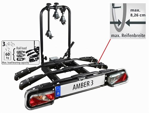 EUFAB 11555 Fahrradträger AMBER 3, E-Bike geeignet, teilweise vormontiert, Diebstahlschutz, für 3 Fahrräder, für Anhängerkupplung