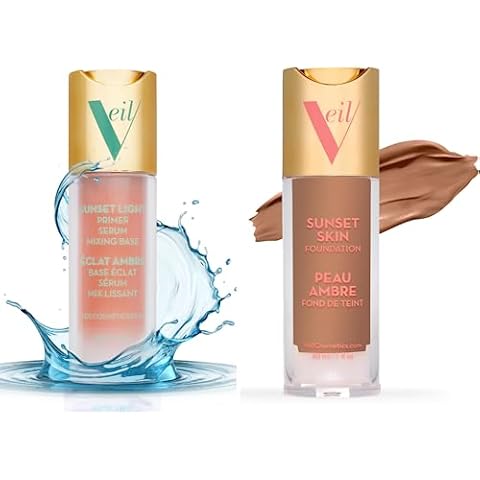 Veil Cosmetics | 1 Sunset Skin Liquid Foundation + 1 Sunset Light 3-in-1 Primer | 4P | Buildable Coverage, Lightweight & Brightening | Serum, Mixing Base, Primer | Water-Resistant | Vegan Cover