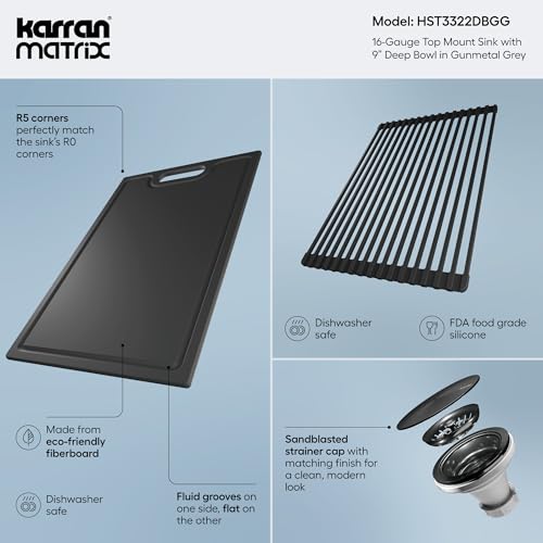 Image of Karran Matrix 33 inch Top Mount Workstation Kitchen Sink, Double Bowl, 16 Gauge Stainless Steel, Gunmetal Grey, Includes Cutting Board, Drying Mat & Basket Strainers