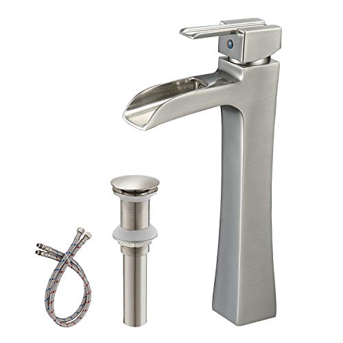 Homevacious Grifo de lavabo de níquel cepillado con cascada para baño, una sola manija con drenaje desplegable sin desbordamiento y manguera de suministro, grifo mezclador comercial alto moderno de un