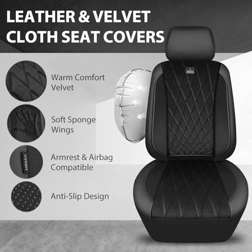 Image of CAR PASS Luxury Faux Leather Car Seat Covers Front Seats, Breathable Soft Velvet Premium Automotive Seat Covers 2 Pack, Armrest Airbag Compatible Universal Fit for Most Sedan SUV Van Truck, Black