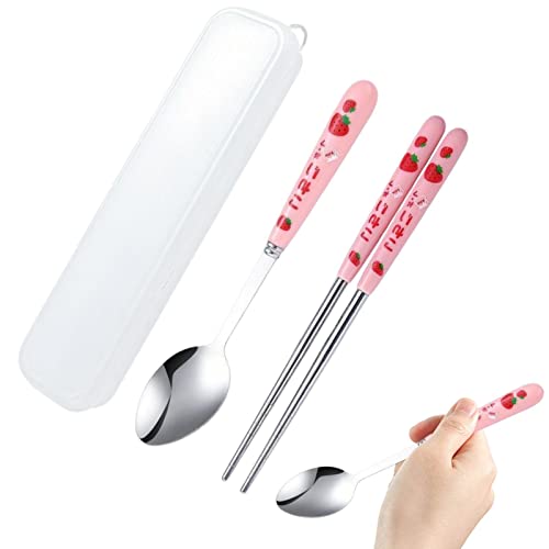 vaisselle à fraise réutilisable en acier inoxydable - 3 en 1 - Avec étui, couverts, ustensiles cuisine, fourchette, cuillère, baguettes