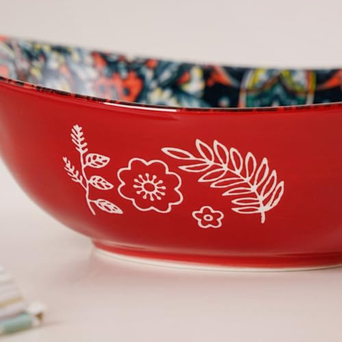Image of Nestasia Mandala Ceramic Serving Bowl with Handles (400 ml) - Microwave & Dishwasher Safe Pasta Bowl | Floral Bowl with Glossy Finish - Ideal for Soup, Curries, Snacks, Salad & Noodles (Red)