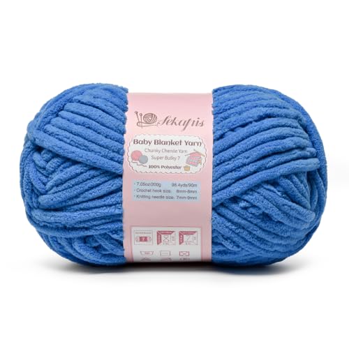Image of Azure 7.05 oz /98.4 yds Chunky Chenille Yarn for Crocheting, #7 Super Bulky Baby Blanket Yarn for Crocheting Soft, Fluffy Velvet Yarn for Knitting, Amigurumi Crochet Yarn for Crafts