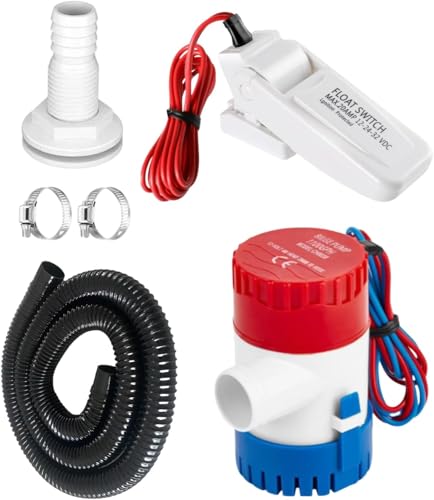 FengyingRise 1100GPH Bilge Pump with Float Switch & 1-1/8 Inch Hose Kit - High-Flow Fully Submersible Pump Automatic On/Off Switch and Durable Corrugated Hose for Boats Yachts Dinghies