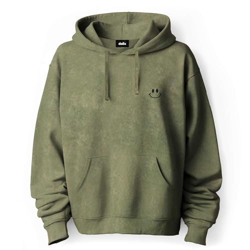 DALIX Smile Face Embroidered Fleece Hoodie Mineral Wash Long Sleeve Sweatshirt Mens