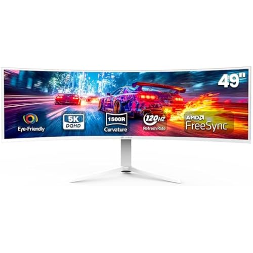 CRUA 49" DQHD 120Hz Ultrawide Curved Gaming Monitor, 1500R, FreeSync, White