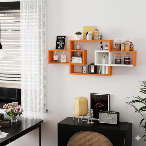 Image of Wooden Wall Shelves for Living Room, Bedroom Wall Mounted Rectangle Bookcase, Intersecting Wall Shelves for Storage Modern Decorative Display Shelves for Wall Decor (Orange)