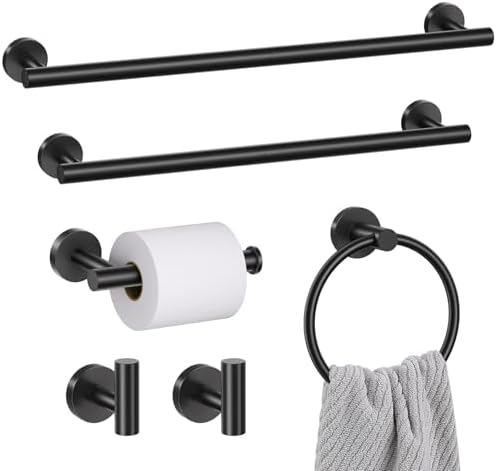6 Pieces Matte Black Towel Bar Bathroom Hardware Set, 23.6Inch Ma...