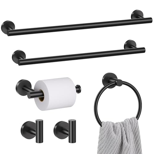 6 Pieces Matte Black Towel Bar Bathroom Hardware Set, 23.6Inch