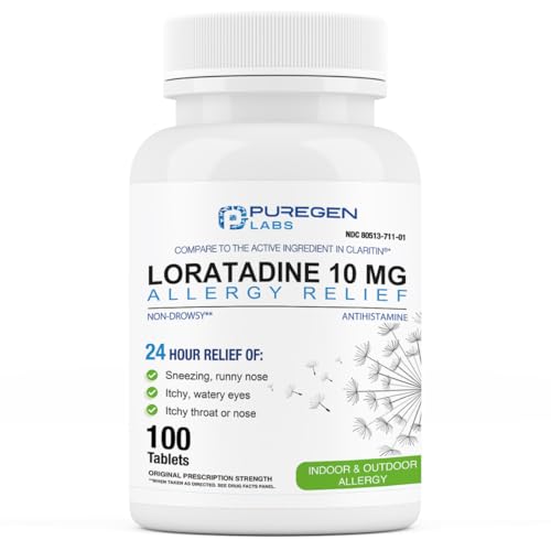 Puregen Labs Allergy Relief Loratadine 10mg 100 Tablets 24 Hour Non-Drowsy Antihistamine Allergy Medicine for Runny Nose Sneezing Itchy Watery Eyes