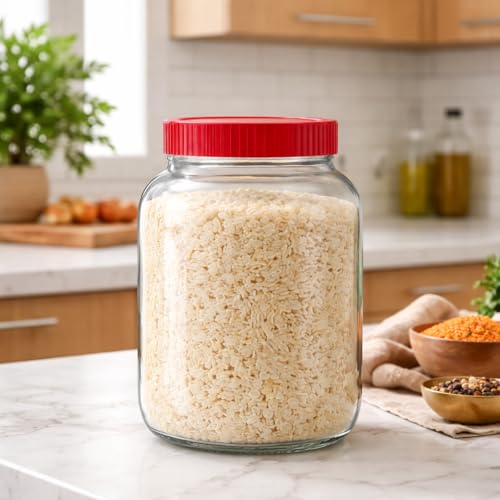 Image of 2000ml Glass Storage Jar Pack of 2 with Red Screw Lid | Airtight Round Glass Container for Kitchen Storage | Food Grade Pantry Jar for Rice, Dal, Flour, Sugar, Dry Fruits & Grocery