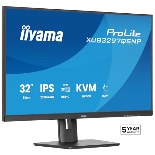 iiyama Prolite XUB3297QSNP-B1 Écran LED IPS QHD 100 Hz HDMI DP-in/Out DaisyChain Station d'accueil USB 3.2 USB-C 95 W RJ45 (LAN) Commutateur KVM Réglage de la Hauteur Pivot AdaptiveSync Noir