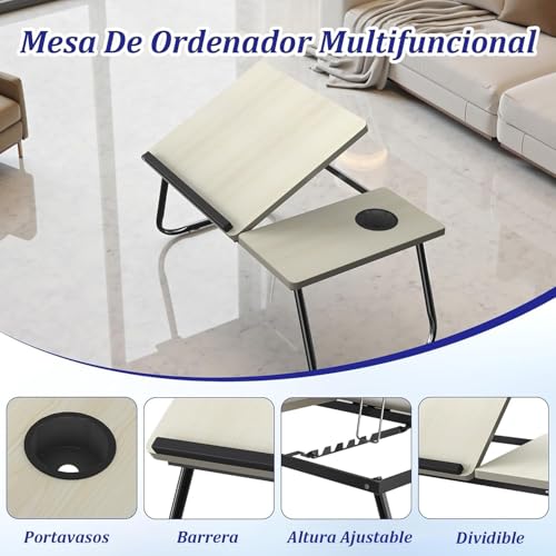Bandeja Mesa Plegable para Cama con Portavasos y Ranura Inclinación Ajustable, Escritorio Portátil para Ordenador, Lectura y Desayuno, Mesa Auxiliar con Patas Estables Antideslizantes, 55x32x25cm - imagen 5