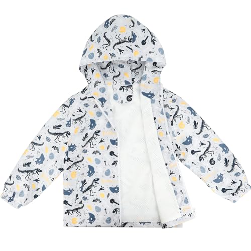 Image of LACOFIA Boys Waterproof Jacket Kids Windbreaker School Hooded Coat Mesh Lined Lightweight Raincoat for Children White Dinosaur 11-12 Years