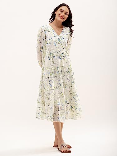 Image of AASK Abstract Printed Puff Sleeve Gathered Detailed Fit Flare Dress