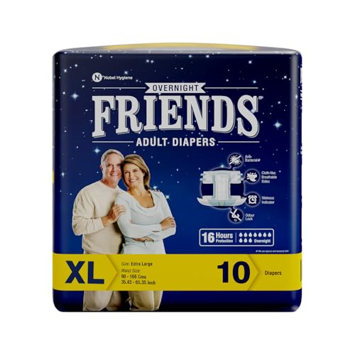 Friends Overnight Adult Diaper XL Size Tape | 10 Count (Extra Large) | Waist 35.43 – 65.35 inch| Unisex | Leakproof | Quick & Even Absorption | Long Protection hours | Wetness Indicator| Odour lock | Aloe Vera & Anti-Bacterial Absorbent Core