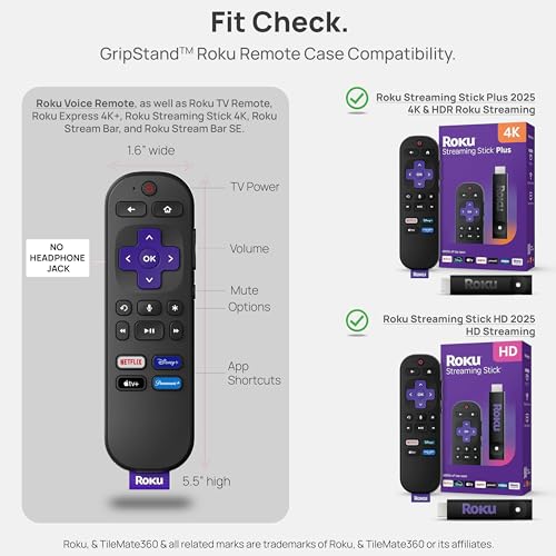 Image of GripStand by 73&Sunny Silicone Remote Cover for Roku Voice, Stand Up Design, Enhanced Grip, Compatible with TV Streaming Stick Plus 2025 4K /HD /HDR, Fits AirTag & Tile Mate, Ultra Black
