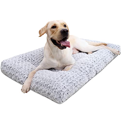 KSIIA Washable Dog Bed Deluxe Plush Dog Crate Beds Fulffy Comfy Kennel Pad Anti-Slip Pet Sleeping Mat for Large, Jumbo, Medium, Small Dogs Breeds, 35″ x 23″, Gray