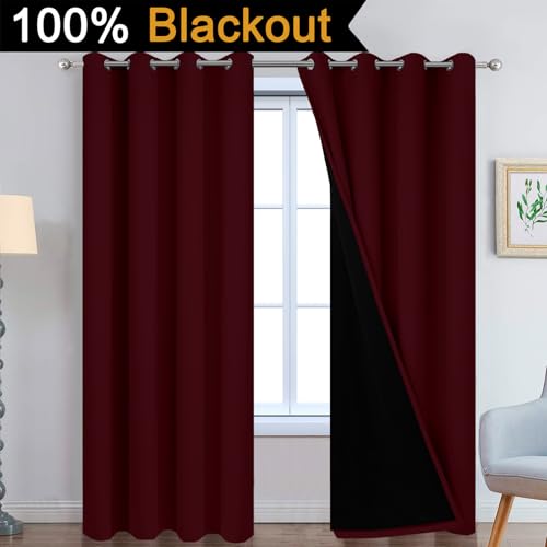 Image of Yakamok Wine Red 100% Blackout Curtains 84 Inches Long 52 inch Wide 2 Panels | Blackout Curtain Panels for Bedroom, 2 Thick Layers Grommet Top Thermal Insulated Drapes with Black Liner for Living Room