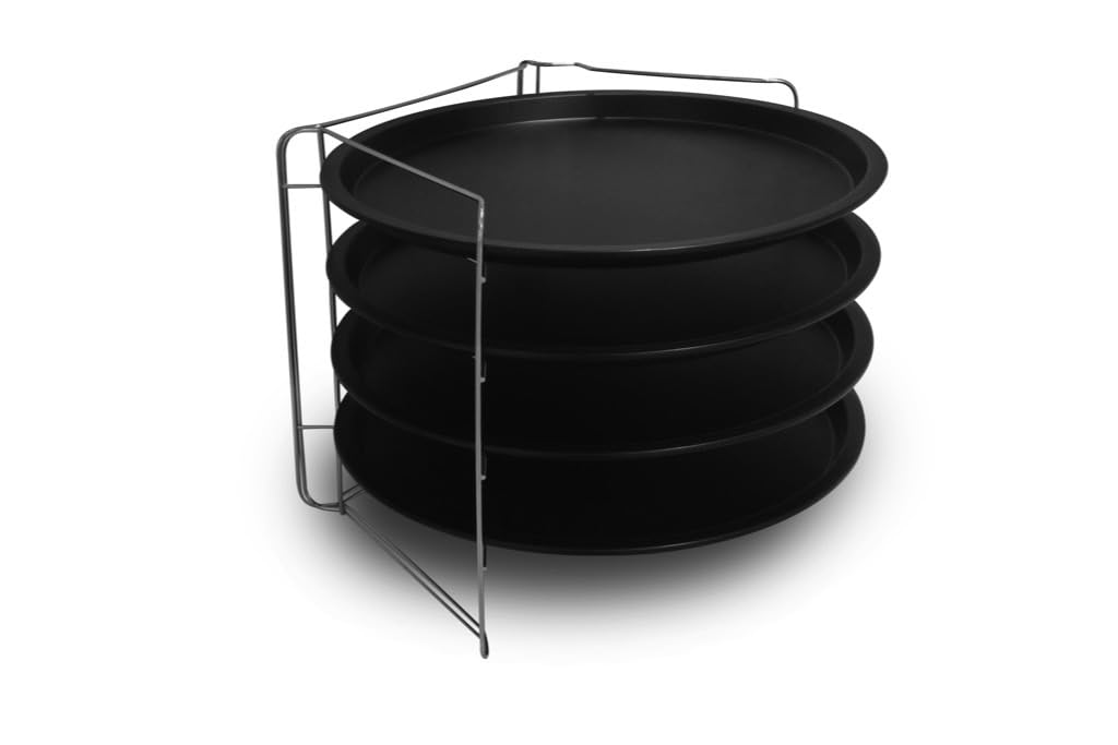 FORMEGOLOSE™, Set of 4 Pizza Tins diam. 32 cm, made of steel with double layer of non-stick coating, Black Colour + 1 Steel Grill Rack