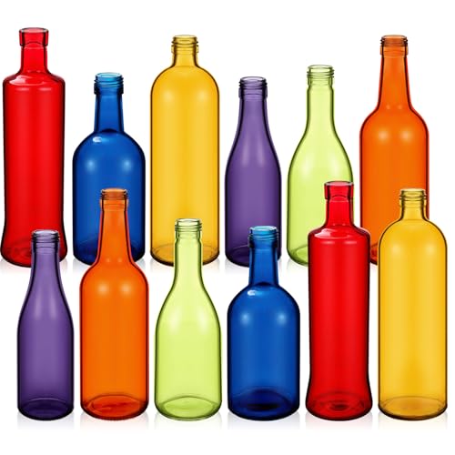 Zhehao 12 Pcs Colored Glass Bottles Colorful Empty Wine Bottles Decorative Glass Bottle for Bottle Tree Garden Yard Outdoor Home Decor(Dark Rainbow Color Cylinder)