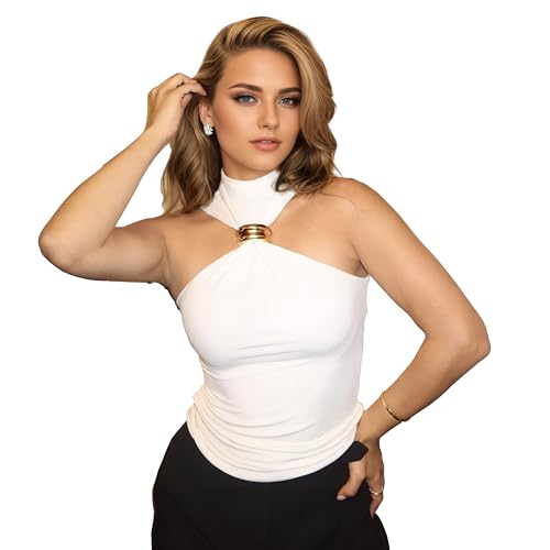 Sexy Dressy Halter Neck Tops for Women Pleated Twist Front Tank Tops Slim Fit Hollow Out Backless Cami Top