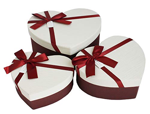 Emartbuy Conjunto de 3 Rígido Lujo En Forma de Corazon Presentación de Caja de Regalo, Caja de Burgandy Con Tapa de Rayas Color Crema, Interior Marrón Chocolate y Cinta de Lazo de Satén