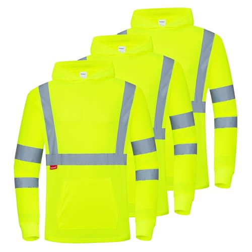 ProtectX 3-Pack Men's High Visibility Heavy Duty Breathable Long Sleeve Reflective Safety T-Shirts for Work Warehouse Construction, Class 3 Type R, Hoodie Green Large