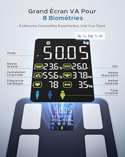 Masmssm Balance Connectée Pèse-Personne, Balance Connectée Impédancemètre 8-en-1 Grand VA Écran, 22 Indicateurs dont Fréquence Cardiaque, IMC, Graisse Corporelle Pour iOS & Android, Max. 180kg