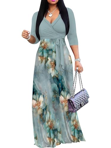 Image of Plus Size Maxi Dress for Women V Neck 3 /4 Sleeve Wrap Dress