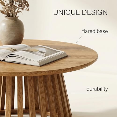 Image of HNY Modern Black Round Coffee Table for Living Room, Mid Century Wood Outdoor 31.5 inch Circle Small Center Table with Fluted Base for Patio, Home Small Space, Bedroom, Apartment, Studio, Natural