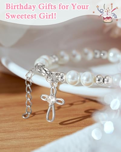 Tarsus Happy Birthday Gifts for Girls, 4 5 6 10 Year Old, White Pearl Cross Bracelet for Daughter Niece Granddaughter Girls Birthday Ideas2