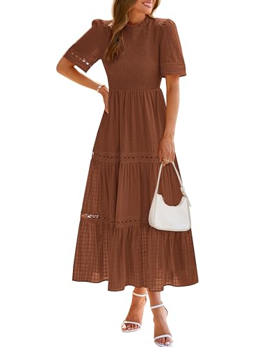 dowerme Summer Dresses for Women 2025 Casual Boho Hollow Out Short Sleeve Ruffle Mock Neck Smocked Maxi Gingham Sundress