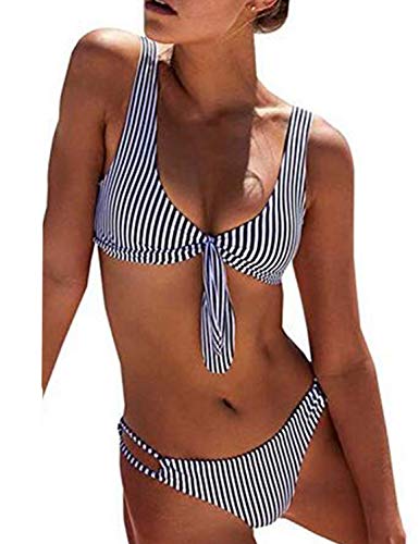 BMJL Women's Sexy Detachable Padded Cutout Push Up Striped Bikini Set Two Piece Swimsuit (S,Navy & White)