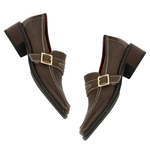 Image of MOOMMO Women Chunky Heel Penny Loafers Square Toe Buckle Slip On Comfort | Office Ladies Loafer Pumps 2 inch Stacked Block Heel Dress Loafers Oxfords Walking Dress Shoes Casual Size 4-11 M US