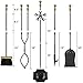 AMAGABELI GARDEN & HOME 5 Pcs Fireplace Tools Brass Handles Wrought Iron Set Holder Indoor Outdoor Fireset Fire Pit Stand Rustic Tongs Shovel Brush Chimney Poker Wood Stove Hearth Accessories Kit Lrg