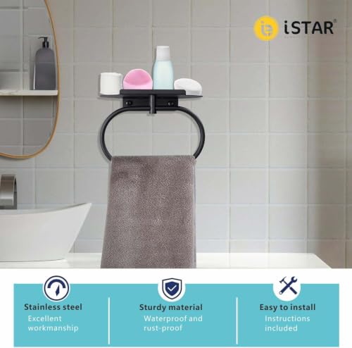 Image of Bathroom Towel Ring with Shelf, 304 Stainless Steel Towel Holder for Bathroom Wall Mount, Self Adhesive or Drill Installation, Rustproof Hand Towel Ring (Black)